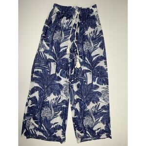 Kiwi & Punch Wide Leg Pants Womens Medium Blue Tropical Print Drawstring NWT